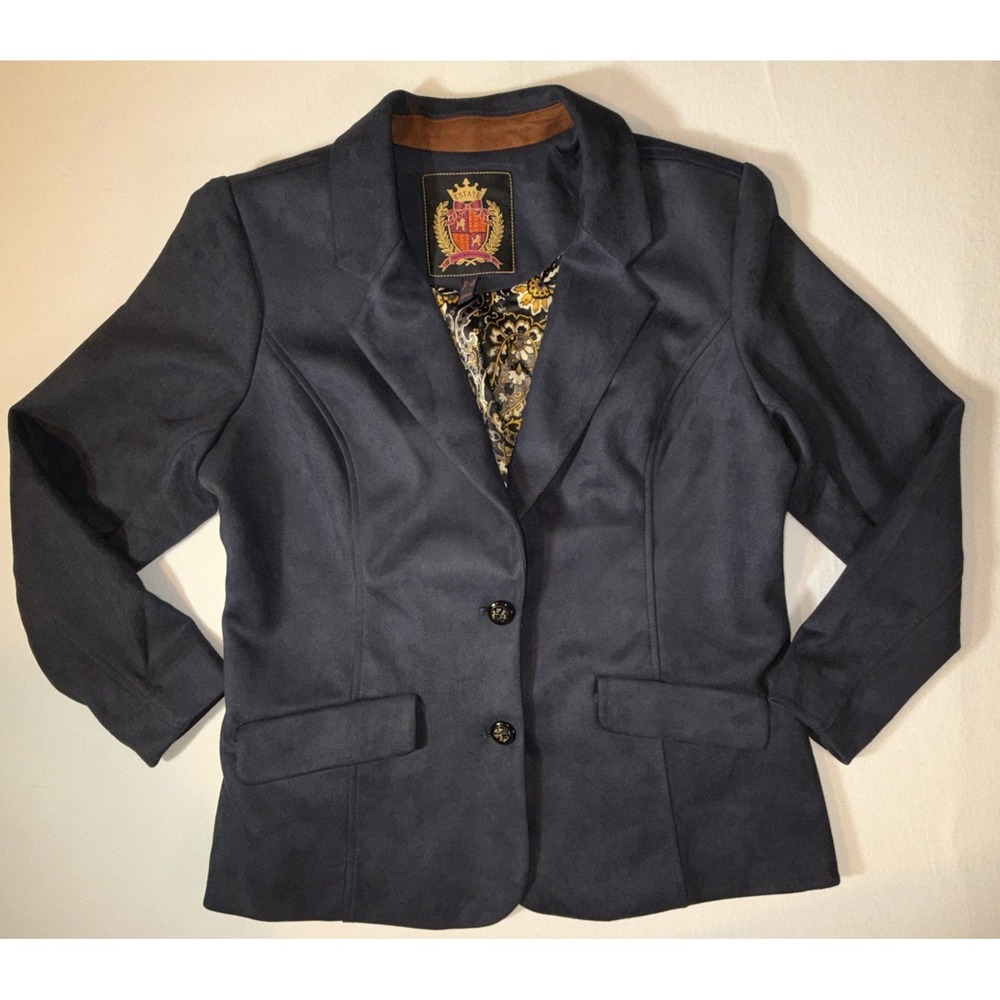 Isaac Mizrahi Estate Faux Suede Blazer MP Medium Petite Navy Blue Paisley Liner
